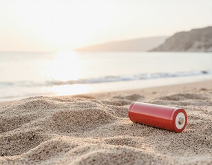 美しいビーチに落とされた赤色の電池と、夕焼け空が広がる幻想的でミニマルな風景、高解像度、柔らかな光、広いコピースペース  
Minimal and dreamy scene with a red battery placed on a beautiful beach at sunset, high resolution, soft light, ample copy space
