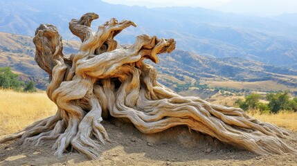 Gnarled exposed roots gripping dry earth tenaciously in a vast desolate landscape under a blue sky