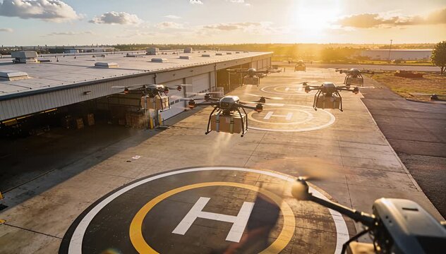 Autonomous aerial delivery drones launch from helipads for cargo transport drone delivery aerial transport.