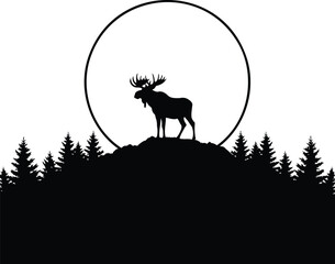 Majestic moose standing on hill with sun circle forest view