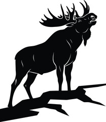 Black silhouette of a bellowing moose standing on a branch