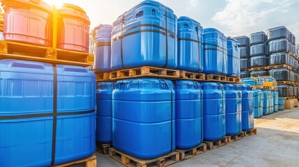 Rows of large blue plastic containers and collapsible tanks stacked on wooden pallets in an outdoor storage yard under a bright sky