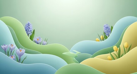 Spring landscape with rolling hills and blooming flowers