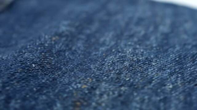 Close up view of the texture and stitching of denim fabric on a white surface