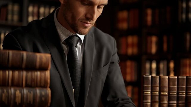 Law books stacked beside a tablet in lawyer office, showing legal research, digital documents, and modern justice work