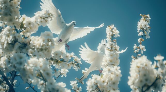 White Doves Flying Among Blooming White Cherry Blossoms in Bright Blue Sky
