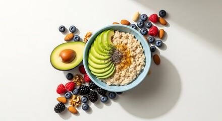 Healthy Breakfast with Avocado Oatmeal and Mixed Berries on a White Surface