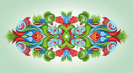 Symmetrical floral and grass ornament in red blue and green