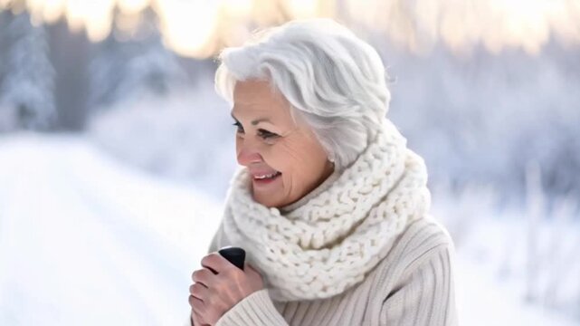 Seniorin wandert durch den Schnee