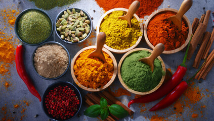 Variety of spices on kitchen table