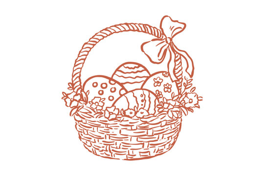 Spring easter basket with decorated eggs and bow outline drawing