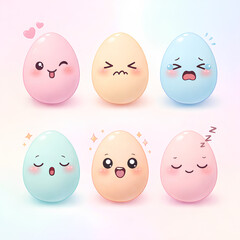 Cute Easter eggs with different facial expressions, kawaii style pastel illustration