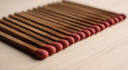 A close-up view of a neatly arranged set of matchsticks on a light-colored surface