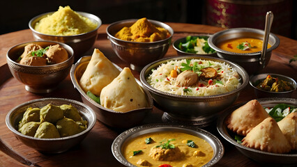 Authentic South Asian Festive Meal Platter with Assorted Curries, Samosas, and Rice