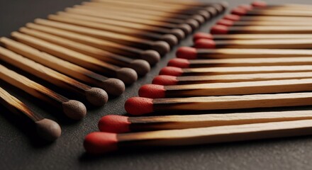 Naklejka premium A close-up view of a collection of burnt and unburnt matches on a dark surface