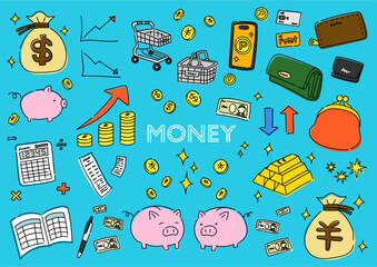 お金に関係するものの手描きイラストセット	