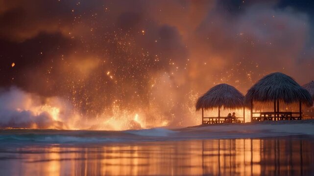 Oceanfront lava explosion at night with glowing ash cloud behind thatched beach huts and reflections