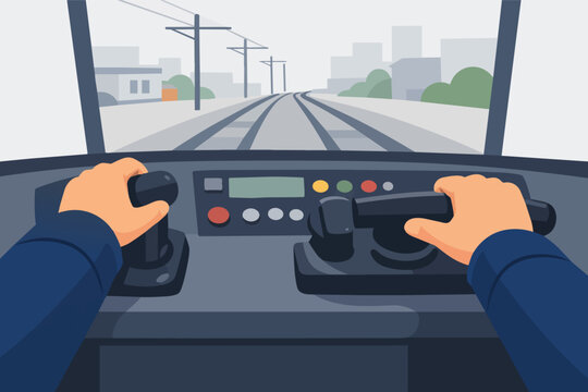 Train driver operating controls in a cabin, navigating urban railway tracks