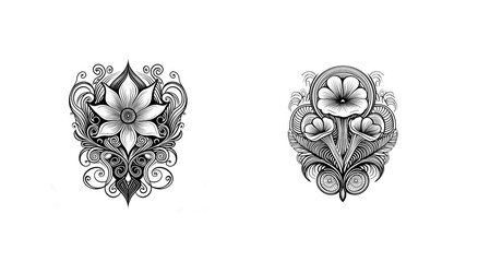 Tattoo Vorlage schwarz-weiss mit tropischen Blumen und Ornamenten