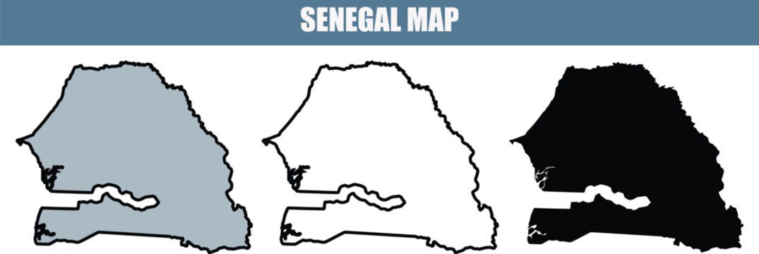 Detailed vector map of Senegal in three different color variations, grey, white, and black, on a clean white background.