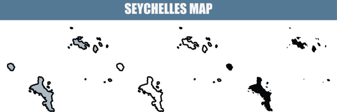 Detailed vector map of Seychelles islands with various outline styles on a clean white background, perfect for travel and geography projects.