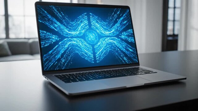A laptop on a dark table displays a vibrant blue abstract design in a modern indoor setting captured from a slightly angled viewpoint like My Video-12.mp4.