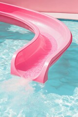 Bright Pink Water Slide Flowing into Clear Blue Swimming Pool