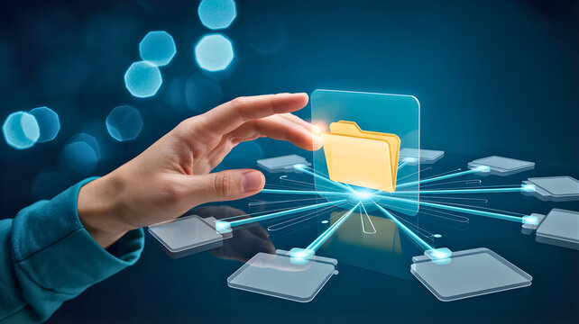 Digital data organization and sharing network with a human hand interacting with a glowing folder icon connected to other digital nodes