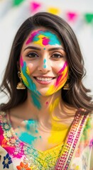 Obraz premium Elegant Indian Woman Smiling with Holi Colors – Luxury Vertical Festival Beauty Portrait