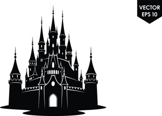 Naklejka premium WebMajestic black fairytale castle silhouette with high towers and spires, magical fantasy fortress vector illustration isolated on white background for storybook design.