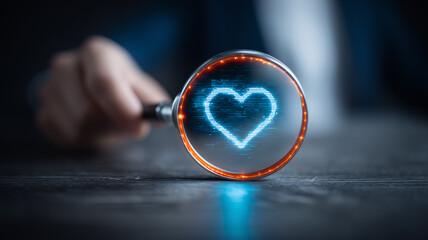 Magnifying glass highlighting heart symbol representing customer care, compassion and satisfaction concept.
