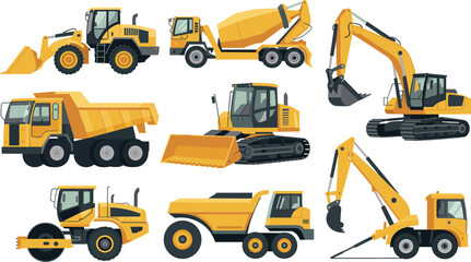 Construction heavy machinery vehicles set illustration including excavator bulldozer dump truck loader roller concrete mixer isolated white background vector design © Vector's World