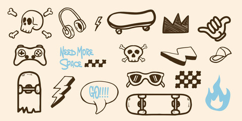 Cool skateboard and gaming doodle vector set for stickers, t-shirts, posters, and other uses. © Abdul