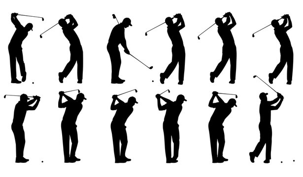Professional golf swing silhouette vector illustration set for training and coaching