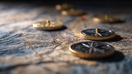 Golden Coins on Ancient Treasure Map  Wealth Discovery & Financial Adventure Concept