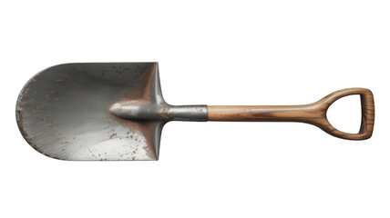 Rusty garden shovel with wooden handle metal isolated on a transparent background