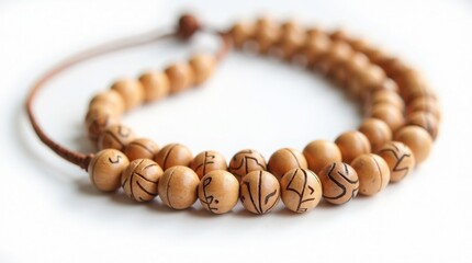 Obraz premium A close-up view of a wooden beaded bracelet on a white surface