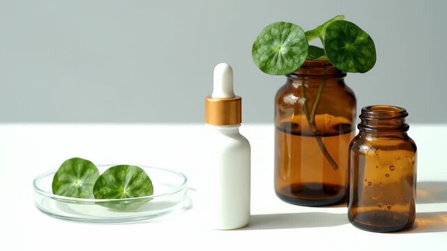 Cosmetic product showcase featuring Gotu Kola extract in amber glass bottles on white table and light background for