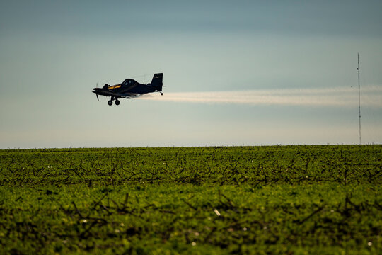 Aerial aircraft spraying agricultural pesticides, fertilizers, and seeds by plane in a soybean plantation on a farm in the Amazon. Concept of agriculture, crop, ecology, environment, airplane.