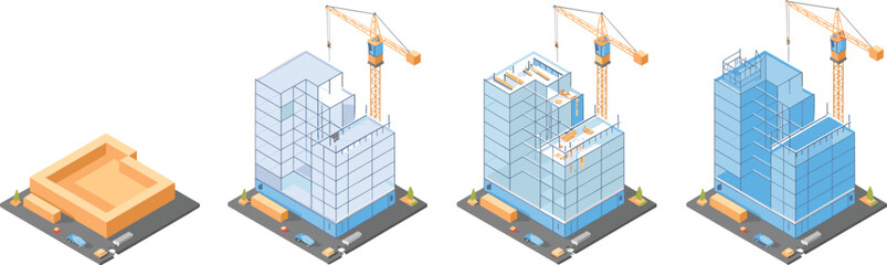 Isometric high rise building construction stages illustration with tower crane showing modern urban development process flat vector architecture engineering realestate © SreeShoyagini
