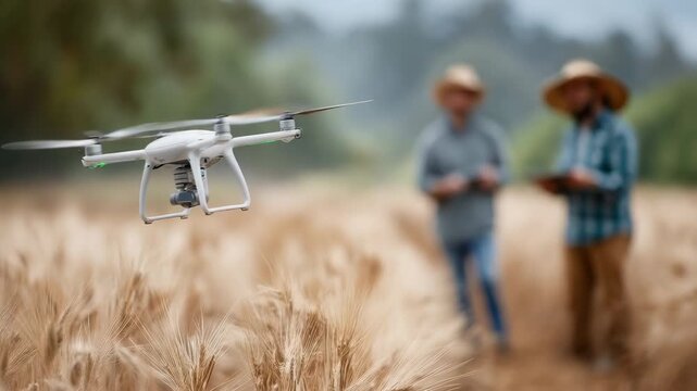 Quadcopter drone hovering above ripe wheat field with two farmers operating remote controller in background