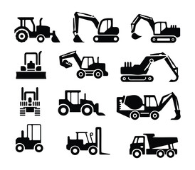 Construction Machinery Vehicle Silhouette Icons Set