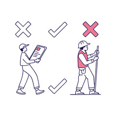 Workers following safety guidelines with checkmarks and crosses