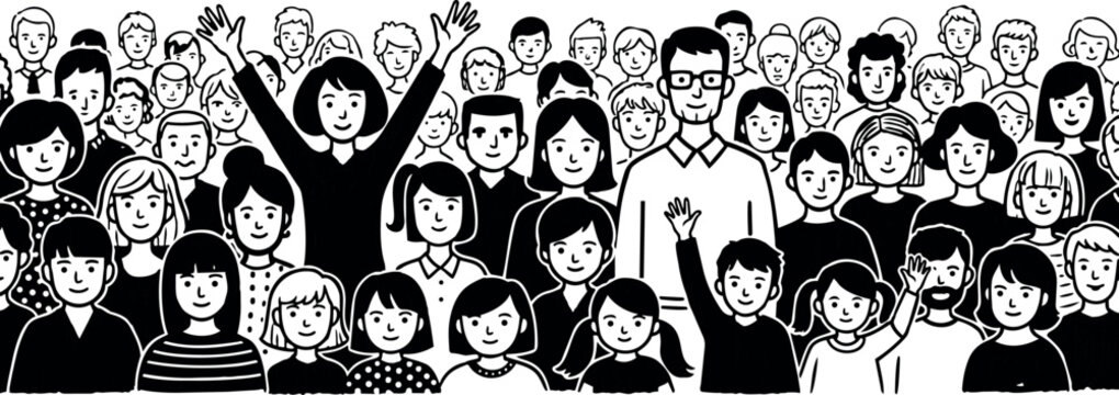 Black and white cartoon style crowd group of diverse happy people smiling and waving close together cheerful community gathering illustration
