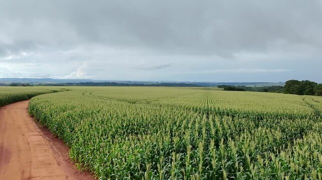 Filmagem a&eacute;rea de drone de lavoura de milho no interior do Brasil