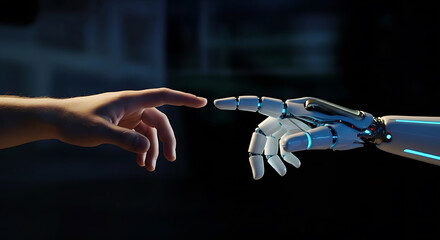 Human and robotic hands nearly touching in dark futuristic setting