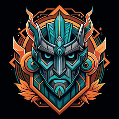 Futuristic Cyber Warrior Mascot with Neo-Tribal Geometric Ornament