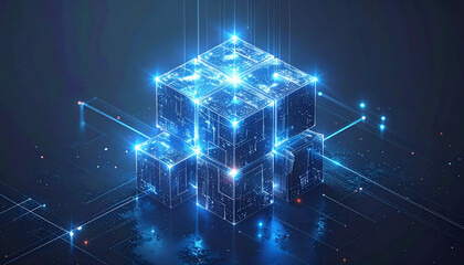 Futuristic digital cube with glowing blue connections and data streams.