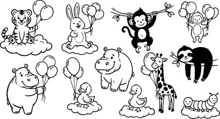 Fototapeta premium Black and white line art happy animals holding balloons sitting on clouds and hanging on branches cartoon style