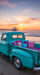 Fototapeta premium Teal truck bed filled with pillows, striped blanket on beach during sunset. Suggests relaxation, leisure and coastal lifestyle, ideal for travel ads.